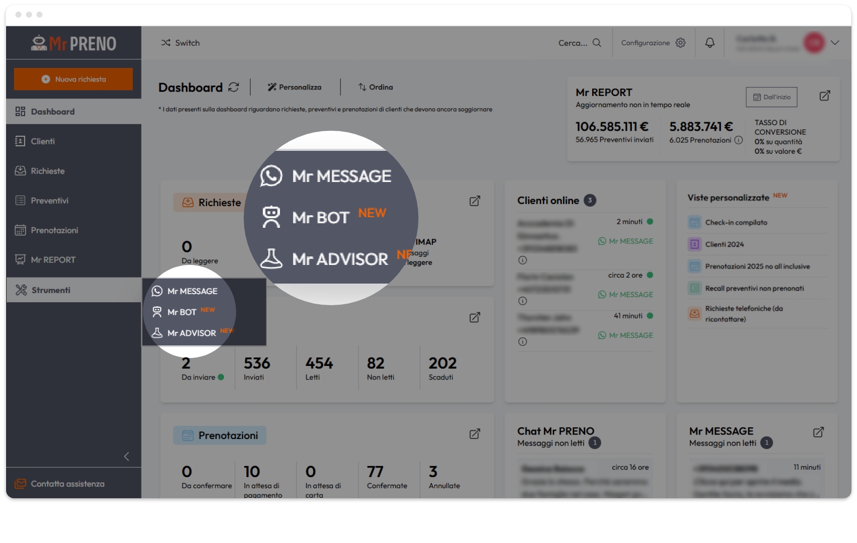 Dashboard di gestione richieste, preventivi e prenotazioni con strumenti Mr MESSAGE, BOT e ADVISOR.