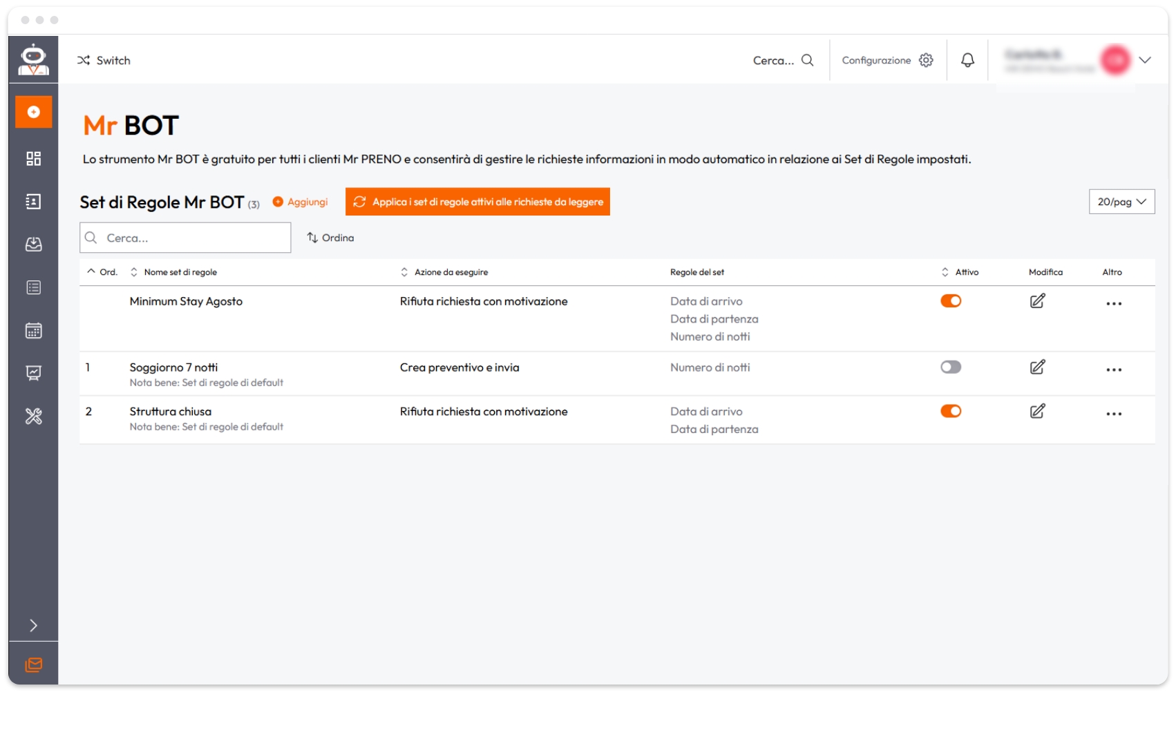 Pannello di gestione automatica richieste con regole attive e azioni configurabili.